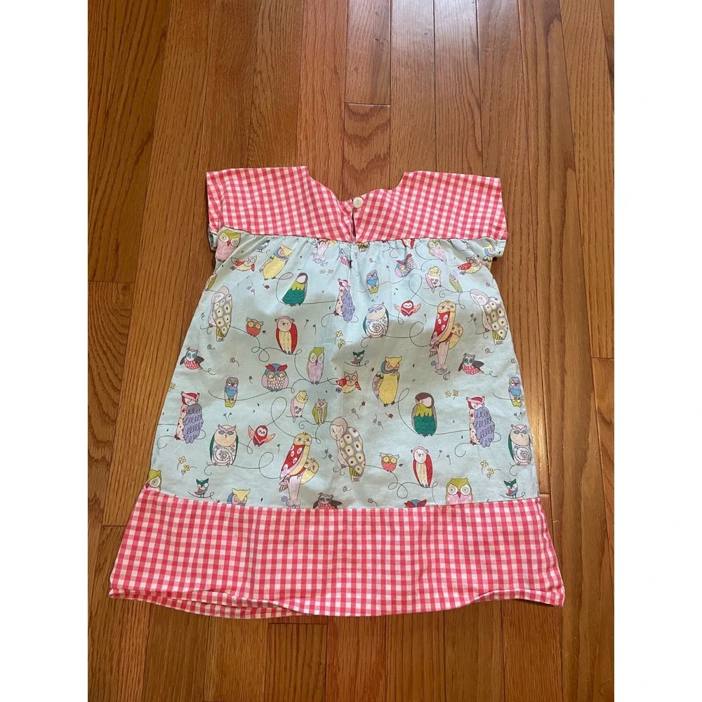 RedBeans Girls Owl Print Gingham Check Dress Blue Red 3T Short Sleeve Pockets